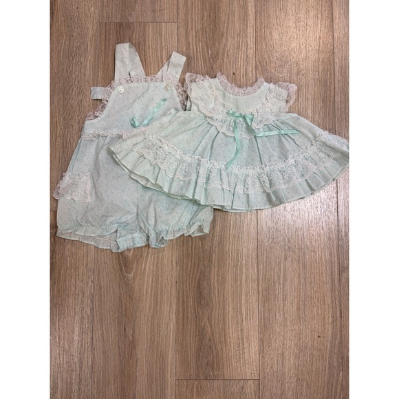 Springtime Other - Vintage Baby Girl Mint Floral Lace Dress and Romper Set 3-6 Months 2 Piece